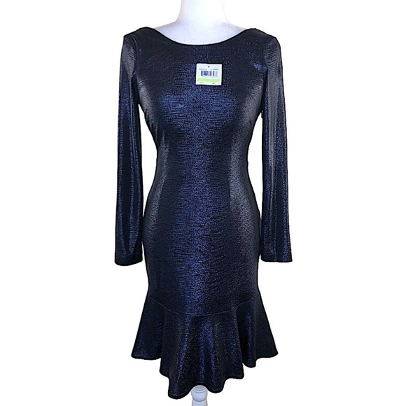 NWT NIGHTWAY Navy Long Sleeve Jewel Neck Knee Length Evening Sheath Dress Sz:4 - Picture 5 of 16